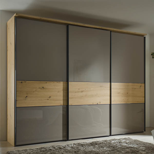 Schwebetürenschrank mit Glasfront Mocca und Holzdekor Eiche 298x240