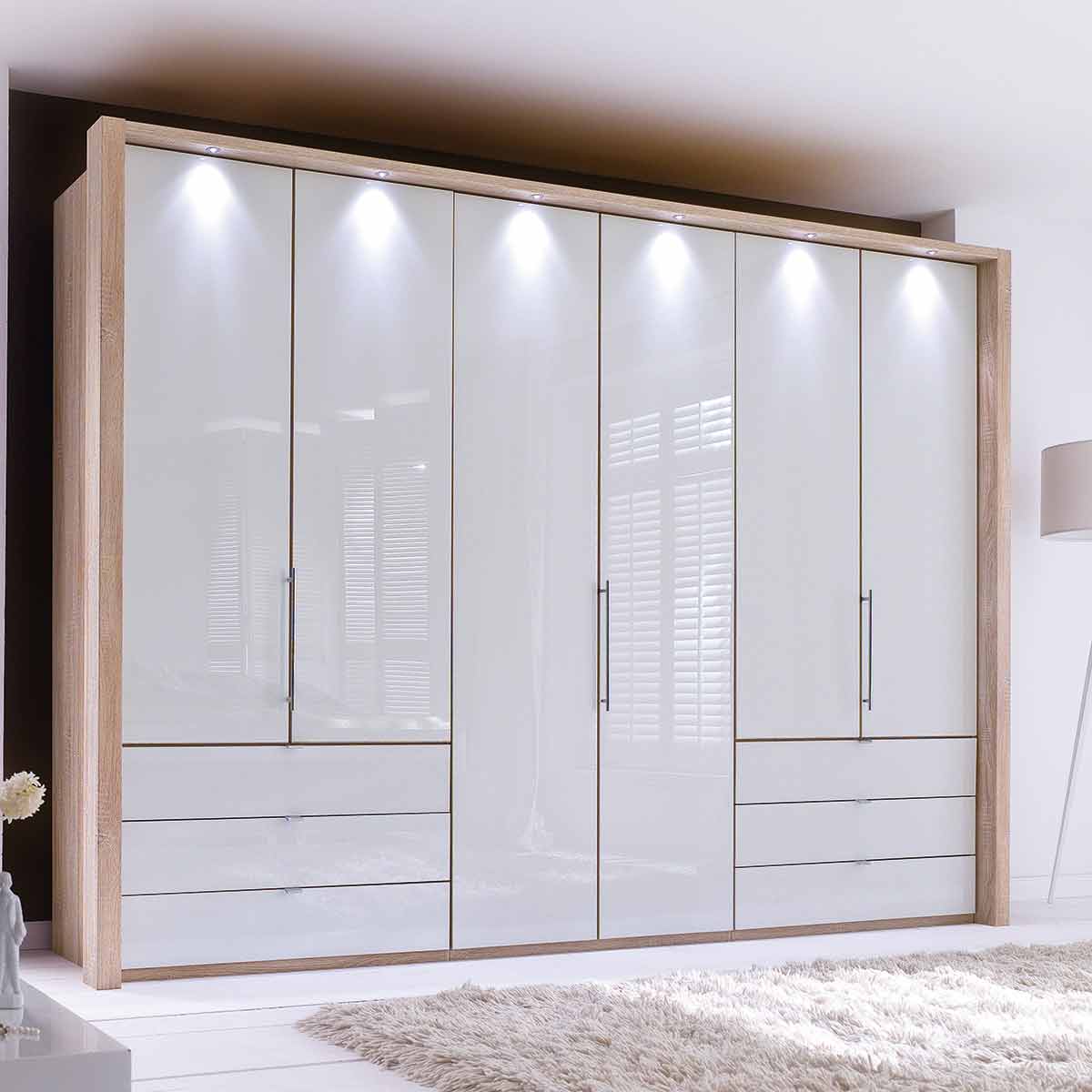 Drehtürenschrank 6-türig in Eiche-sägerau / Glas weiß