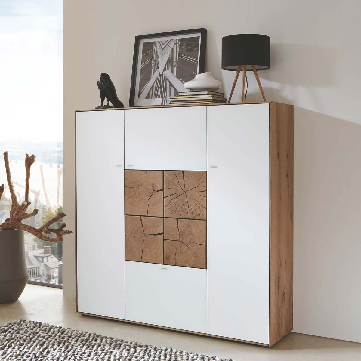 Highboard 3-türig, Eiche/Weiß