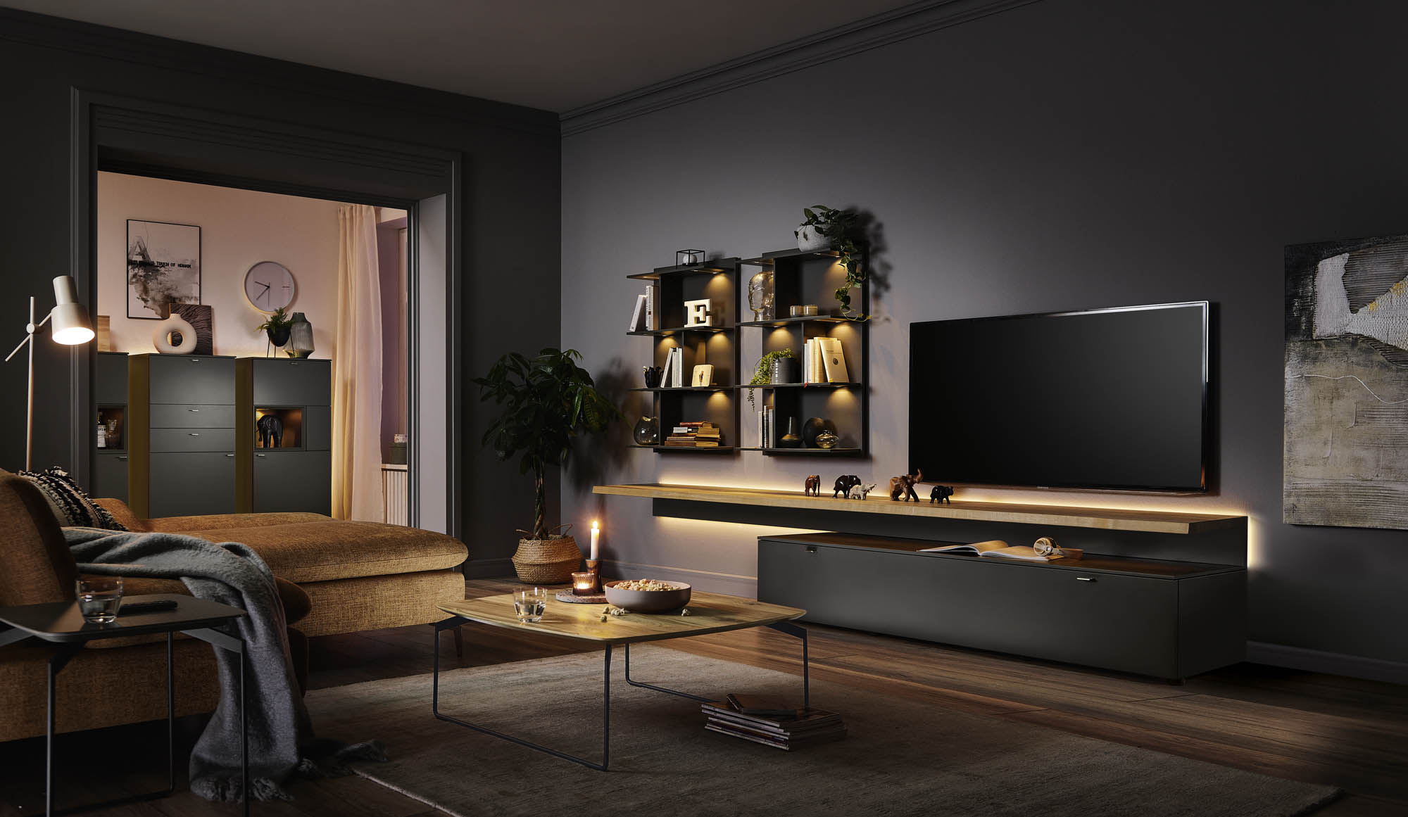 Venjakob X5 TV- und Sideboard dunkel mit Beleuchtung