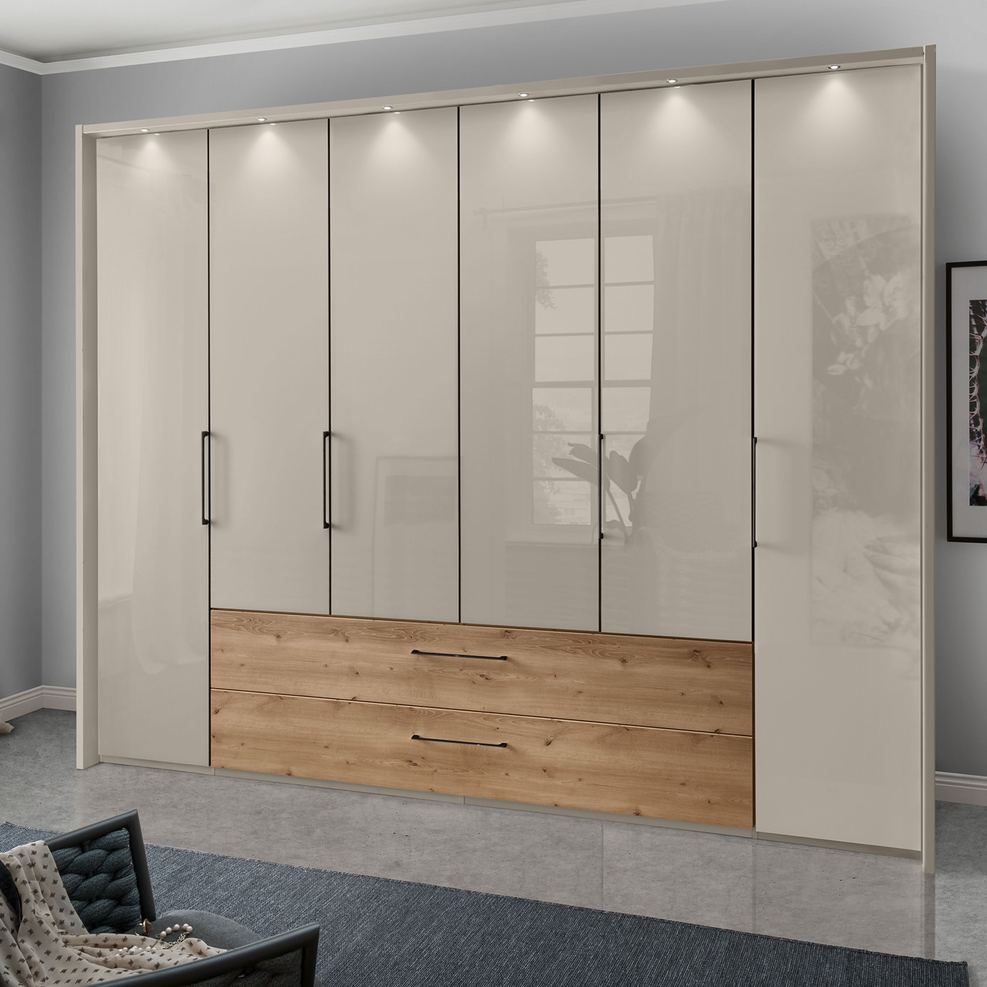 Kleiderschrank 6-türig mit Glasfront, weiß