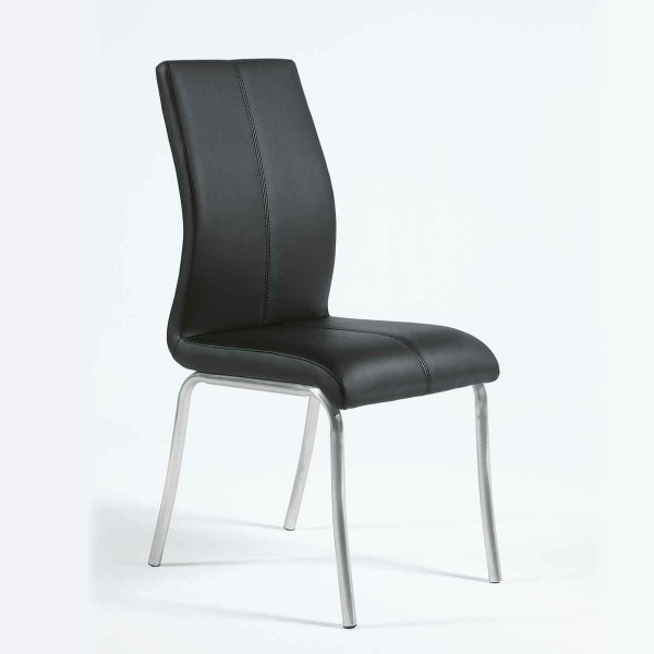 Stuhl in schwarzem atmungsaktivem Kunststoffbezug mit Chromgestell. 